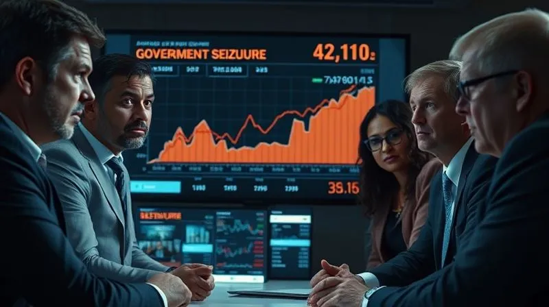 Photorealistic, professional photography, 8K, cinematic lighting, sharp focus, depth of field, shot on a high-end DSLR of a tense executive team gathered around a large monitor displaying financial data and news headlines about a government seizure, with focused, concerned expressions. The scene is dimly lit to convey urgency and crisis.