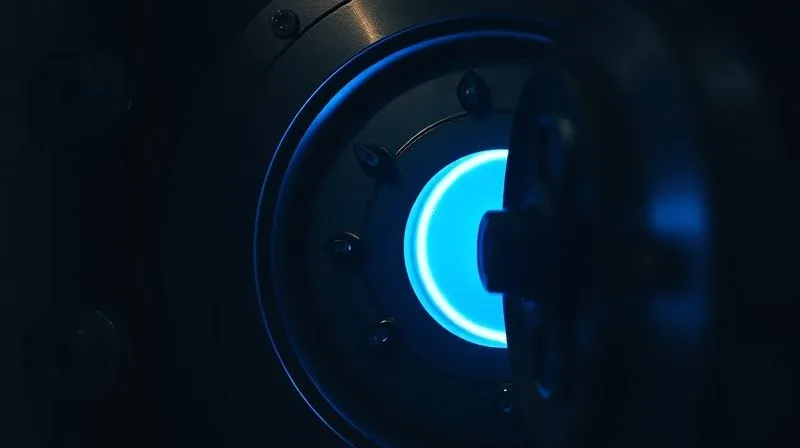Photorealistic, professional photography, 8K, cinematic lighting, sharp focus, depth of field, shot on a high-end DSLR of a secure, locked vault door with a glowing blue light emanating from within, symbolizing protected assets and insurance. The surrounding environment is dark and uncertain, highlighting the contrast of security.
