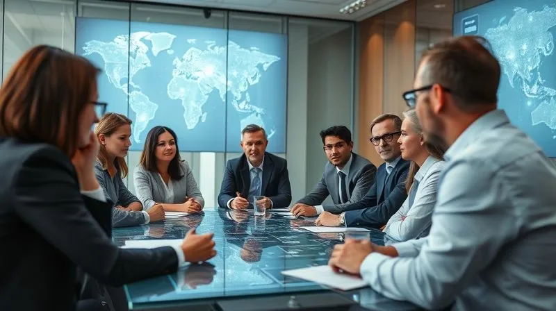 Photorealistic, professional photography, 8K, cinematic lighting, sharp focus, depth of field, shot on a high-end DSLR of a diverse group of business leaders and legal experts in a modern, glass-walled conference room, deeply engaged in discussion, with a large digital display showing an intricate communication network diagram. The atmosphere is serious and collaborative.