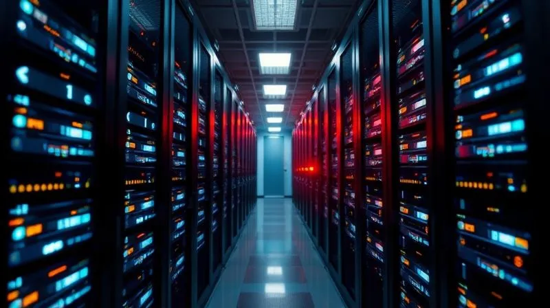 Photorealistic, professional photography, 8K, cinematic lighting, sharp focus, depth of field, shot on a high-end DSLR of a secure, modern data center with rows of glowing servers, symbolizing robust data protection and digital resilience against external threats. The light is cool and futuristic, conveying advanced security measures.