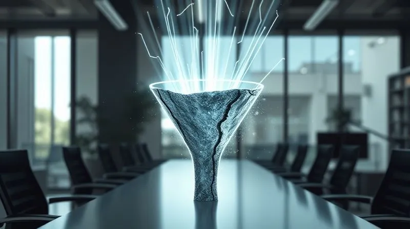 photorealistic, professional photography, 8K, cinematic lighting, sharp focus, depth of field, shot on a high-end DSLR, a brightly lit, professional office setting with a metaphorical sales funnel depicted with light beams, showing a visible 'leak' or crack in the middle section, with data flowing out, symbolizing lost leads, serious and focused atmosphere. photorealistic, professional photography, 8K, cinematic lighting, sharp focus, depth of field, shot on a high-end DSLR, a brightly lit, professional office setting with a metaphorical sales funnel depicted with light beams, showing a visible 'leak' or crack in the middle section, with data flowing out, symbolizing lost leads, serious and focused atmosphere.
