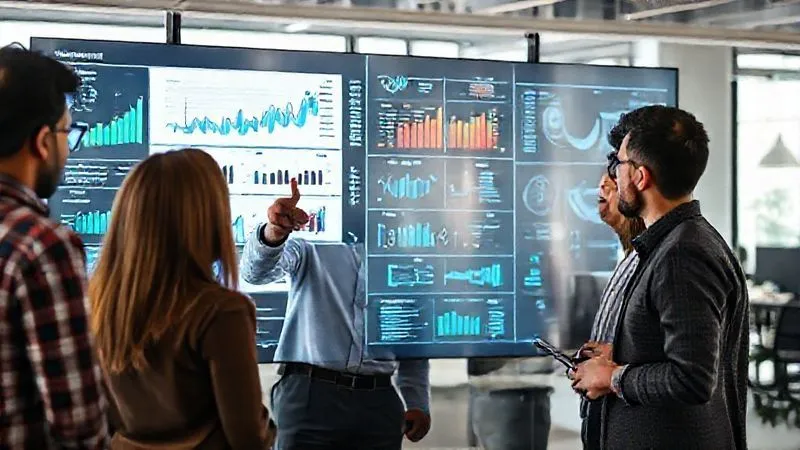 A photorealistic image of a diverse team of business analysts in a modern office, gathered around a large digital dashboard displaying complex financial graphs and operational flowcharts. One analyst points to a specific data point, while others intently observe. The scene is well-lit with natural light, sharp focus on the data, depth of field blurring the background office activity. 8K hyper-detailed, professional photography, shot on a high-end DSLR.