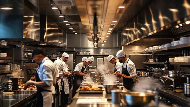 A photorealistic image of a bustling but organized restaurant kitchen. Chefs and staff move with purpose and efficiency, utilizing modern equipment. There's a clear sense of teamwork and optimized workflow. Cinematic lighting highlights the steam from cooking and the clean surfaces. Sharp focus on the action, depth of field blurring the background elements. 8K hyper-detailed, professional photography, shot on a high-end DSLR.