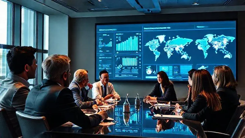 A photorealistic image of a diverse group of business professionals in a modern boardroom, intensely focused on a large projection screen displaying strategic market analysis charts and competitor positioning maps. They are engaged in a serious discussion, with some pointing to data, reflecting deep strategic thinking. Cinematic lighting, sharp focus on the screen and faces, depth of field blurring the background. 8K hyper-detailed, professional photography, shot on a high-end DSLR.
