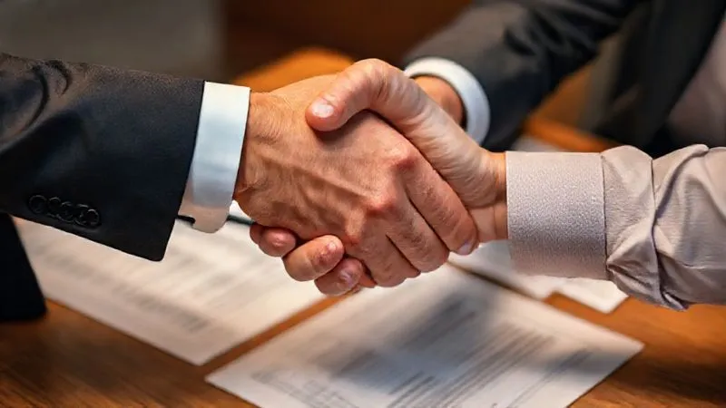 A photorealistic image of two hands, one corporate-looking (suit cuff) and one small business owner-looking (rolled-up sleeve), clasped in a firm, collaborative handshake over a table with marketing documents. Cinematic lighting, sharp focus on the hands, depth of field blurring the background, 8K, professional photography, shot on a high-end DSLR.