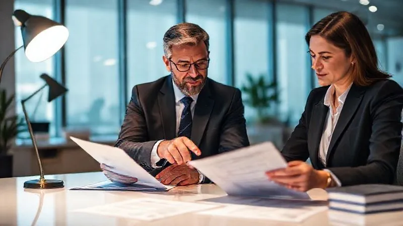 A photorealistic image of a franchisee and a legal professional in a modern, well-lit office, reviewing documents together. The attorney is pointing to a specific clause, and the franchisee looks attentive. Soft, professional lighting, 8K, sharp focus on the individuals and documents, depth of field, shot on a high-end DSLR.