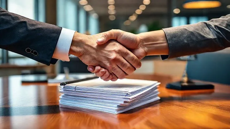 A photorealistic image of two hands shaking firmly over a stack of legal documents on a polished wooden desk, symbolizing negotiation and agreement. The background is a modern, professional office setting with soft, warm lighting. 8K, sharp focus on the hands and documents, depth of field, shot on a high-end DSLR.