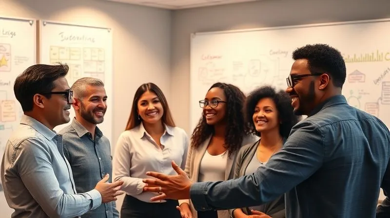 A photorealistic image of a diverse group of customer service professionals actively engaged in a lively, collaborative workshop setting, whiteboards filled with ideas, cinematic lighting, sharp focus on their expressions of understanding and engagement, depth of field blurring the background, 8K hyper-detailed.