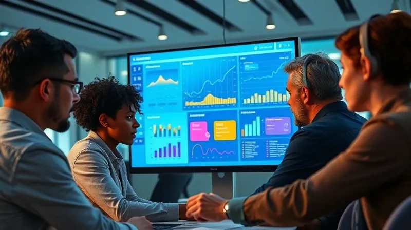 A photorealistic image of a diverse customer service team gathered around a large monitor, analyzing customer feedback data visualized as a dynamic dashboard with charts and graphs, cinematic lighting, sharp focus on their collaborative discussion, depth of field subtly blurring office background, 8K hyper-detailed.
