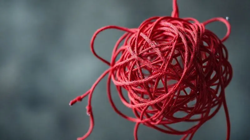 photorealistic, professional photography, 8K, cinematic lighting, sharp focus, depth of field, shot on a high-end DSLR. A tangled ball of red string with several loose ends, symbolizing complex problems and intertwined issues within an organization. The background is slightly blurred, focusing on the intricate knots.