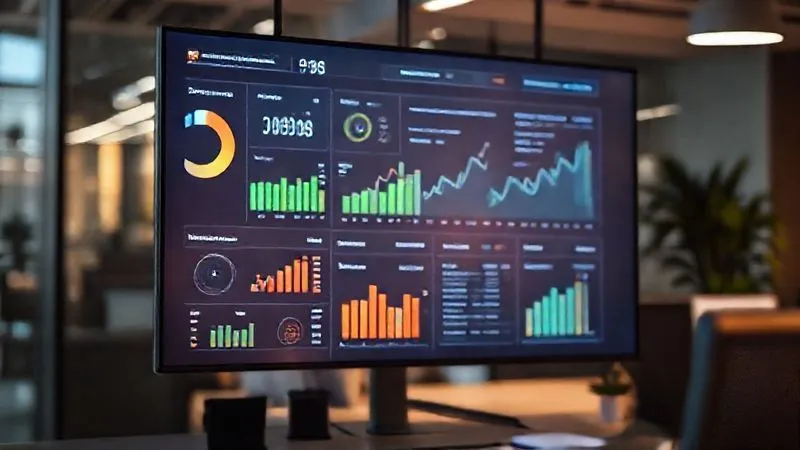 photorealistic, professional photography, 8K, cinematic lighting, sharp focus, depth of field, shot on a high-end DSLR. A vibrant, interactive digital dashboard displaying various business metrics like customer satisfaction, call resolution rates, and employee engagement, with upward trending graphs and clear data visualizations. The screen glows softly in a modern office environment.