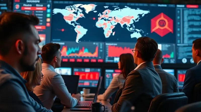 A diverse group of professionals in a modern command center, intensely focused on large digital screens displaying global supply chain maps with red highlighted disruption zones, data visualizations, and communication channels. Cinematic lighting, sharp focus on their determined faces, depth of field blurring the background screens. Photorealistic, professional photography, 8K, shot on a high-end DSLR.