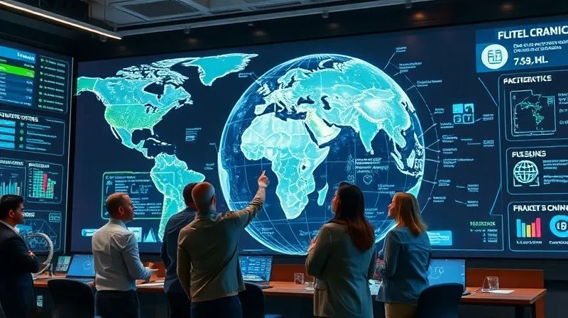 A futuristic supply chain control room with a large interactive holographic globe displaying real-time shipping routes, weather patterns, and geopolitical hotspots. A diverse team of logistics experts are collaborating, pointing at data points, with advanced UI elements floating in the air. Photorealistic, professional photography, 8K, cinematic lighting, sharp focus, depth of field, shot on a high-end DSLR.