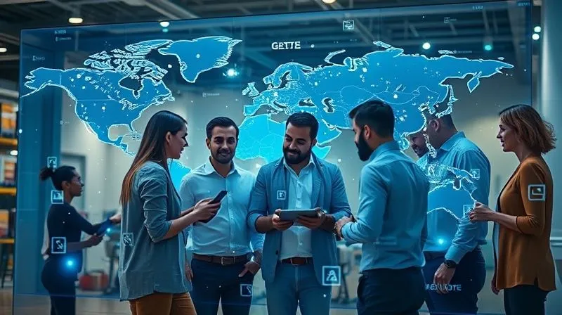 A diverse team of supply chain professionals collaboratively interacting with a large transparent touch-screen displaying a dynamic, interconnected global supply chain network. Holographic data streams flow around them, illustrating real-time logistics and predictive analytics. The atmosphere is innovative and forward-thinking. Photorealistic, professional photography, 8K, cinematic lighting, sharp focus, depth of field, shot on a high-end DSLR.