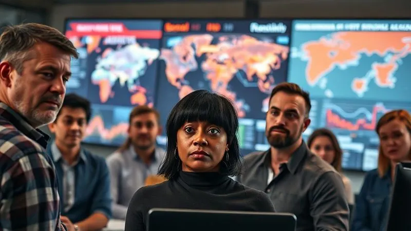 photorealistic, professional photography, 8K, cinematic lighting, sharp focus, depth of field, shot on a high-end DSLR. A diverse crisis management team, intensely focused around a large screen displaying global news feeds and social media trends, with worried but determined expressions, in a modern, high-tech control room. The atmosphere is urgent yet controlled. photorealistic, professional photography, 8K, cinematic lighting, sharp focus, depth of field, shot on a high-end DSLR. A diverse crisis management team, intensely focused around a large screen displaying global news feeds and social media trends, with worried but determined expressions, in a modern, high-tech control room. The atmosphere is urgent yet controlled.