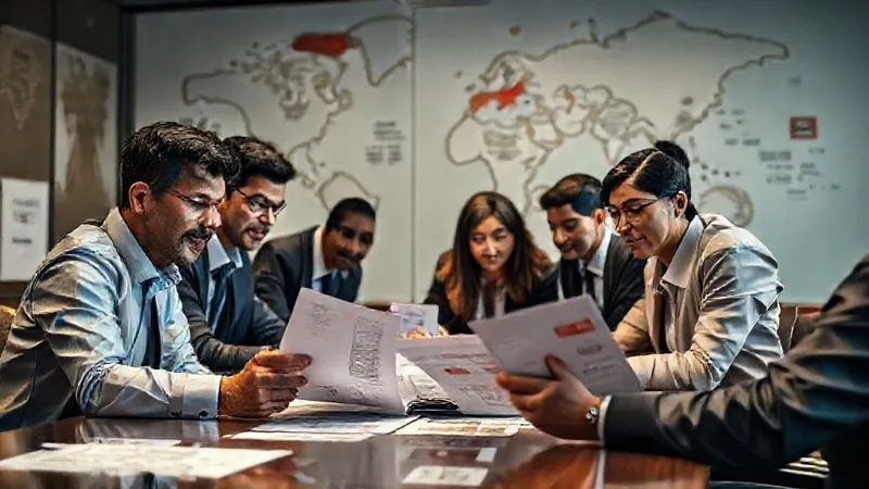 photorealistic, professional photography, 8K, cinematic lighting, sharp focus, depth of field, shot on a high-end DSLR. A diverse group of professionals from different ethnicities and ages, wearing business attire, intensely reviewing marketing materials on a large conference table, with maps and cultural symbols in the background. Their expressions are focused and collaborative, representing a cross-cultural vetting process. photorealistic, professional photography, 8K, cinematic lighting, sharp focus, depth of field, shot on a high-end DSLR. A diverse group of professionals from different ethnicities and ages, wearing business attire, intensely reviewing marketing materials on a large conference table, with maps and cultural symbols in the background. Their expressions are focused and collaborative, representing a cross-cultural vetting process.