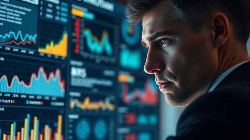 A photorealistic, professional photography, 8K, cinematic lighting, sharp focus, depth of field, shot on a high-end DSLR, depicting a business executive intensely analyzing a complex digital dashboard with various charts and graphs, showing declining sales and rising competitor activity. The executive's face shows concern but also focus, with a faint glow from the screen on their face.