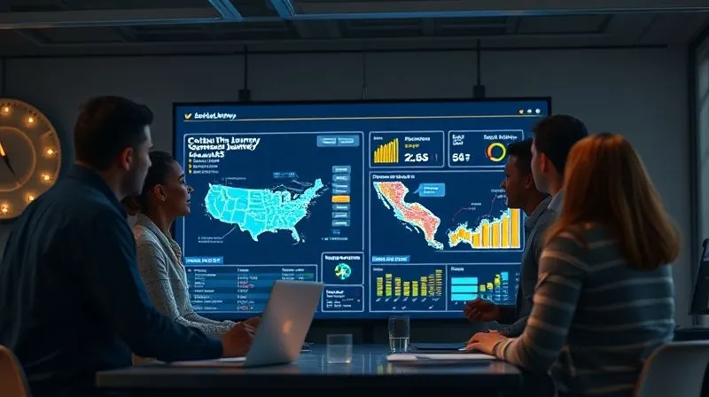 A photorealistic, professional photography, 8K, cinematic lighting, sharp focus, depth of field, shot on a high-end DSLR, depicting a diverse team of marketing and sales professionals collaborating intensely around a large screen displaying complex customer journey maps and digital analytics. The atmosphere is dynamic and innovative, with glowing data visualizations on the screen.