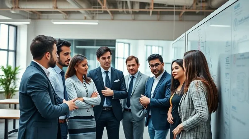 A photorealistic, professional photography, 8K, cinematic lighting, sharp focus, depth of field, shot on a high-end DSLR, depicting a diverse group of business professionals in a modern, open-plan office, actively engaged in a whiteboard session. They are collaboratively brainstorming solutions, with expressions of focus and dynamic energy, symbolizing innovation and adaptability.