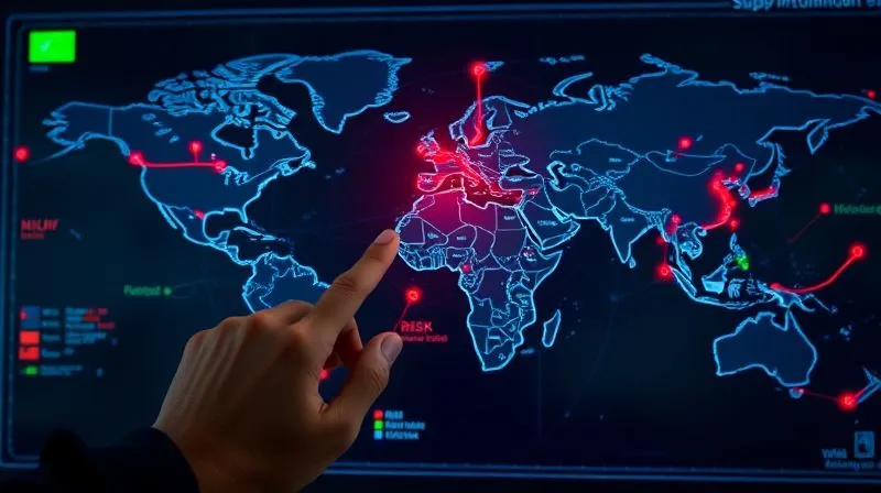 A photorealistic, professional photography, 8K, cinematic lighting, sharp focus, depth of field, shot on a high-end DSLR, showing a complex, color-coded digital map of a global supply chain, with glowing lines connecting different regions. Several nodes are highlighted in red, indicating high-risk areas, while others are green for stability. Hands are interacting with the map on a transparent screen, pointing to potential vulnerabilities.