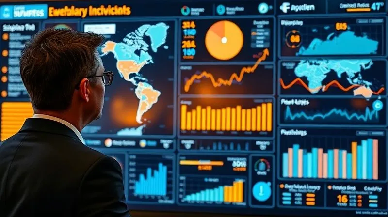 A photorealistic, professional photography, 8K, cinematic lighting, sharp focus, depth of field, shot on a high-end DSLR, depicting a sophisticated digital dashboard displaying real-time supply chain data. The screen shows interactive maps with live shipment tracking, graphs illustrating inventory levels and demand forecasts, and alerts for potential disruptions. A business professional is intently viewing the dashboard, suggesting data-driven decision-making.