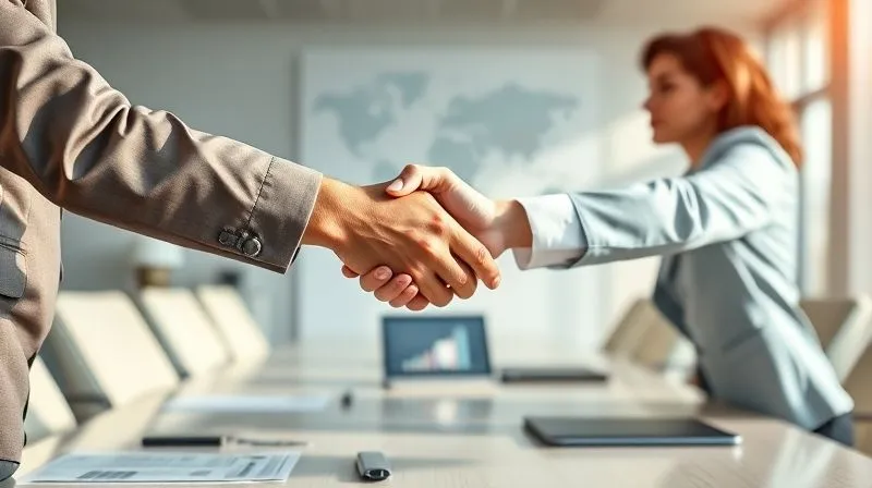 A photorealistic, professional photography, 8K, cinematic lighting, sharp focus, depth of field, shot on a high-end DSLR, showing two diverse business professionals shaking hands firmly across a conference table, symbolizing strong partnership and collaboration. The background is a modern, sunlit office, with subtle elements hinting at global business, like a blurred world map or digital charts. The emotion conveyed is trust and mutual respect.