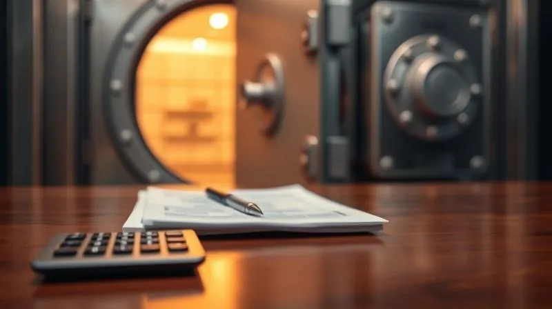 A photorealistic, professional photography, 8K, cinematic lighting, sharp focus, depth of field, shot on a high-end DSLR, showing a secure vault door slightly ajar, with a soft golden light emanating from within, hinting at financial security and protected assets. In the foreground, a stack of business documents and a calculator are visible on a polished wooden desk, symbolizing careful financial planning and contingency. The overall mood is one of stability and preparedness.