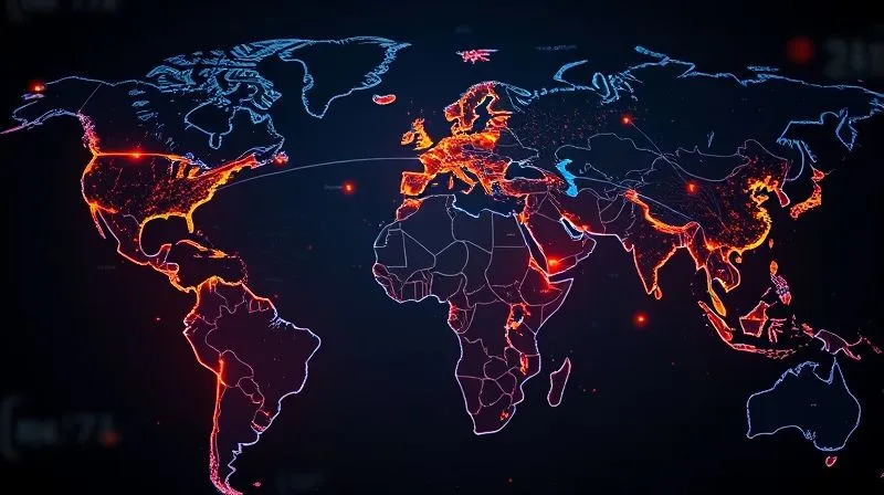 A photorealistic, professional photography, 8K, cinematic lighting, sharp focus, depth of field, shot on a high-end DSLR, depicting a global map with interconnected glowing lines representing trade routes and supply chains. Several regions are highlighted in amber and red, indicating areas of increasing geopolitical risk, with data points and analytical overlays visible, symbolizing proactive intelligence gathering.