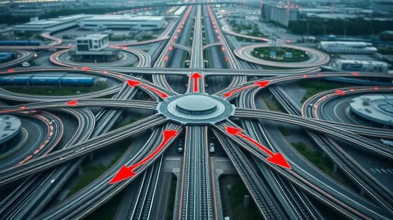 A photorealistic, professional photography, 8K, cinematic lighting, sharp focus, depth of field, shot on a high-end DSLR, showing a network of interconnected roads, rail lines, and sea lanes converging on a central hub, with arrows indicating dynamic rerouting and alternative paths flowing around a blocked segment. The scene is vibrant and active, symbolizing agility.