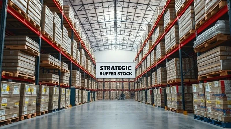 A photorealistic, professional photography, 8K, cinematic lighting, sharp focus, depth of field, shot on a high-end DSLR, depicting a modern, organized warehouse interior with neatly stacked pallets of goods. A section of the warehouse is clearly designated as 'Strategic Buffer Stock' with a distinct visual marker, conveying preparedness and security. The lighting is clean and efficient.