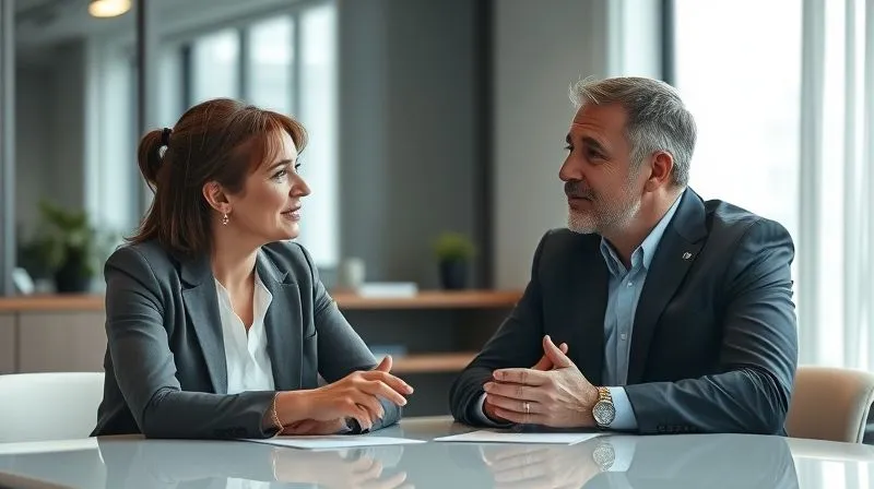 A photorealistic, professional photography, 8K, cinematic lighting, sharp focus, depth of field, shot on a high-end DSLR. Two professionals, one appearing empathetic and listening intently, the other speaking candidly, seated at a modern, minimalist table in a well-lit office. The scene conveys trust and open communication during an exit interview, with soft light highlighting their expressions.
