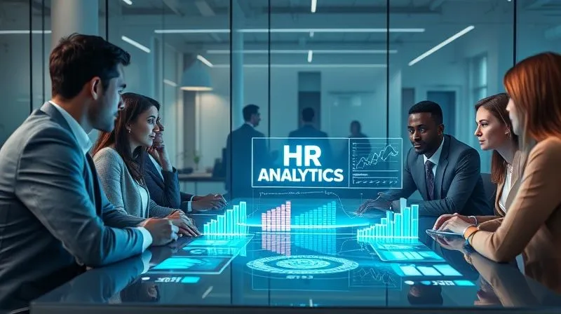 A photorealistic, professional photography, 8K, cinematic lighting, sharp focus, depth of field, shot on a high-end DSLR. A diverse group of business leaders and an HR executive are gathered around a modern conference table, intensely focused on a glowing holographic projection of HR analytics and employee engagement data. The scene emphasizes HR's strategic role as a business partner, with collaborative energy and a professional, forward-thinking atmosphere.