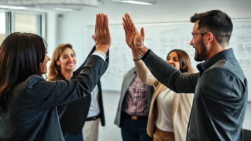 photorealistic, professional photography, 8K, cinematic lighting, sharp focus, depth of field, shot on a high-end DSLR. A diverse group of sales professionals high-fiving and smiling in a modern, brightly lit office space, celebrating a team achievement. There's a whiteboard in the background with collaborative notes, emphasizing teamwork and positive energy.