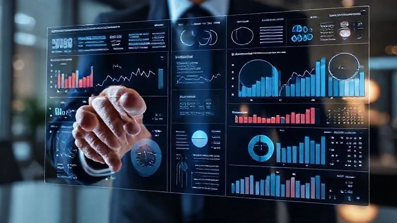 photorealistic, professional photography, 8K, cinematic lighting, sharp focus, depth of field, shot on a high-end DSLR. A professional's hands interacting with a holographic data dashboard displaying intricate charts and graphs related to sales performance, employee engagement metrics, and churn rates. The data is visually compelling and easy to interpret, with clear trends and predictive indicators, set in a modern, subtly lit office environment.
