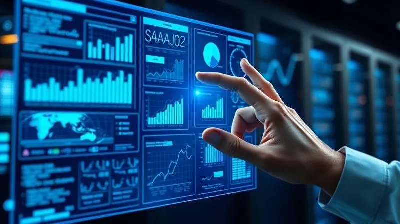 A photorealistic image of a futuristic holographic interface displaying complex data visualizations, charts, and graphs in a vibrant blue hue. A professional hand is interacting with the touch-sensitive screen, highlighting key insights. Cinematic lighting, sharp focus on the data and hand, depth of field blurring the background of a modern data center. 8K hyper-detailed, professional photography.