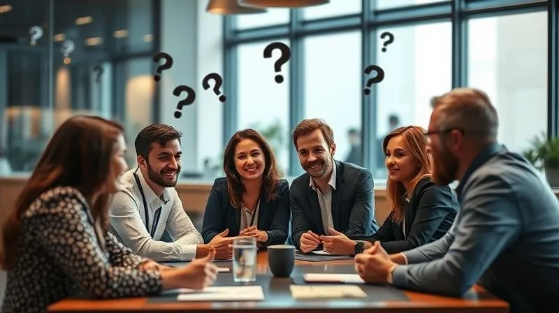 A photorealistic image of a diverse project team in a modern meeting room, engaged in an active brainstorming session, with thought bubbles and question marks subtly floating around them, cinematic lighting, sharp focus on their collaborative expressions, depth of field blurring the background, 8K hyper-detailed.