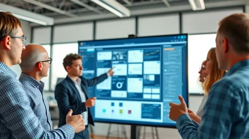 A photorealistic image of a project manager pointing at a digital wireframe on a large screen, surrounded by a small group of stakeholders nodding in agreement, bright, modern office setting, cinematic lighting highlighting the screen, sharp focus on the wireframe details, depth of field blurring the background, 8K hyper-detailed.