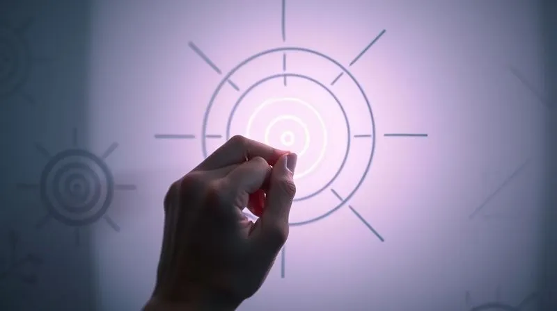 A photorealistic image of a hand drawing a clear, illuminated target on a whiteboard, surrounded by other vague, faded drawings, symbolizing the process of defining clear goals from ambiguity, cinematic lighting, sharp focus on the target, depth of field blurring the background, 8K hyper-detailed.