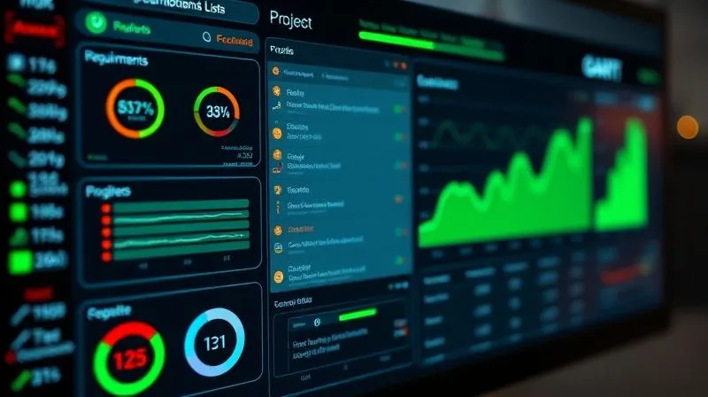 A photorealistic image of a digital dashboard displaying various project metrics, requirements lists, and a Gantt chart, with a glowing green 'progress' bar, all seamlessly integrated and dynamic, cinematic lighting, sharp focus on the data, depth of field blurring the background, 8K hyper-detailed.
