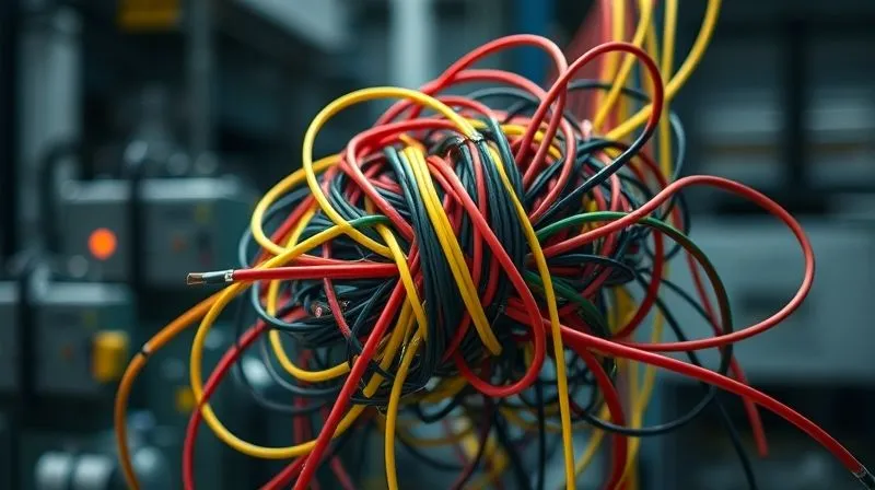 Photorealistic, professional photography, 8K, cinematic lighting, sharp focus, depth of field, shot on a high-end DSLR. A complex, tangled knot of brightly colored wires and cables, with a few critical connections visibly frayed or disconnected, against a softly blurred industrial background, symbolizing a dysfunctional system or process.