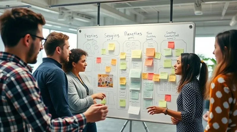 Photorealistic, professional photography, 8K, cinematic lighting, sharp focus, depth of field, shot on a high-end DSLR. A dynamic, diverse team of innovators collaborating intensely around a large whiteboard covered with sticky notes, diagrams, and sketches. They are actively discussing and problem-solving, with focused expressions and energetic body language, in a modern, brightly lit open office space.