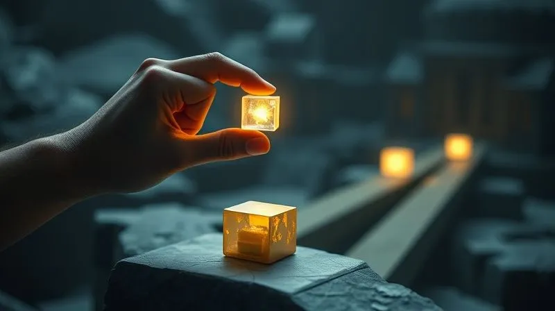 Photorealistic, professional photography, 8K, cinematic lighting, sharp focus, depth of field, shot on a high-end DSLR. A human hand meticulously placing a small, glowing cubic block (representing a resource) onto one of several diverging, dimly lit pathways, each path leading to a different, partially visible architectural structure. The scene emphasizes careful, strategic allocation of limited resources.