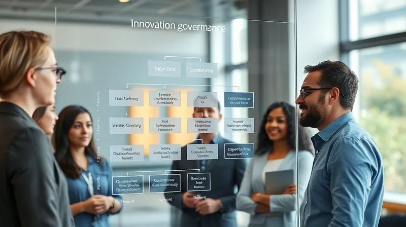 Photorealistic, professional photography, 8K, cinematic lighting, sharp focus, depth of field, shot on a high-end DSLR. A clear, well-organized flow chart displayed on a modern glass board, illustrating a structured innovation governance model with distinct roles, decision points, and feedback loops. A diverse team of professionals are observing and discussing it with focused expressions, in a bright, collaborative workspace.