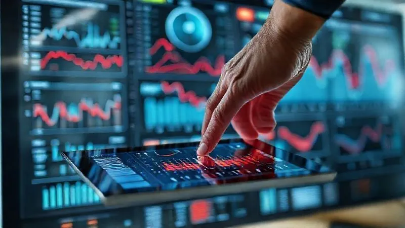 A photorealistic image of a complex business dashboard with various graphs and charts, some showing declining trends in red, while a focused hand hovers over a tablet displaying data. Professional photography, 8K, cinematic lighting, sharp focus on the data points, depth of field blurring the background office, shot on a high-end DSLR, conveying data analysis and early warning signals.