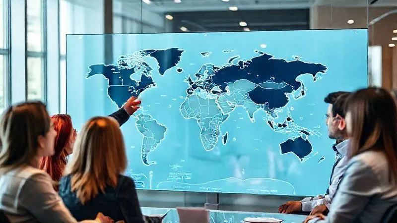 A photorealistic image of a team of diverse professionals gathered around a large transparent screen displaying a global map. They are actively pointing and discussing, with digital overlays showing strategic adjustments and re-drawn expansion routes. Professional photography, 8K, cinematic lighting, sharp focus on the team and screen, depth of field blurring the modern office background, shot on a high-end DSLR, conveying strategic re-evaluation.
