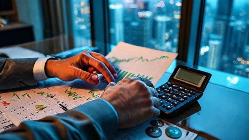 A photorealistic image of a financial analyst's hands meticulously arranging financial charts and currency symbols on a desk, with some charts showing upward trends in green, while a calculator and various international currencies are visible. Professional photography, 8K, cinematic lighting, sharp focus on the hands and financial instruments, depth of field blurring a global city skyline through a window, shot on a high-end DSLR, conveying financial recalibration and smart investment.