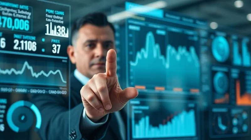A photorealistic image of a business professional intensely analyzing a holographic, translucent dashboard displaying complex logistics data, including fluctuating shipping rates, port congestion heatmaps, and fuel price graphs. The professional is pointing to a specific spike in the data, with a serious, focused expression. The background shows a dimly lit modern office, 8K, cinematic lighting, sharp focus on the dashboard and hand, depth of field, professional photography, shot on a high-end DSLR.