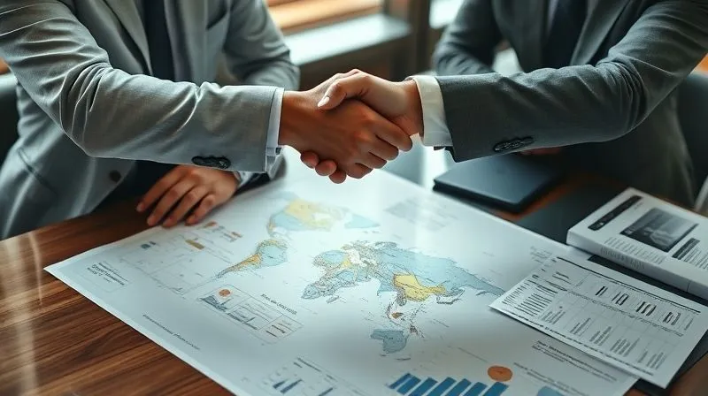 A photorealistic image of two business professionals shaking hands over a table with a global map and various shipping documents, representing a successful negotiation of Incoterms. One professional is pointing to a specific region on the map, indicating strategic planning. The scene is well-lit, professional, and conveys a sense of agreement and control. 8K, cinematic lighting, sharp focus, depth of field, professional photography, shot on a high-end DSLR.