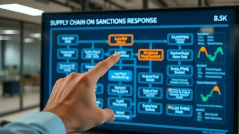 Photorealistic, professional photography, 8K, cinematic lighting, sharp focus, depth of field, shot on a high-end DSLR. A detailed, multi-layered flowchart on a digital screen, showing interconnected steps for supply chain sanctions response, with highlighted nodes for 'Legal Review' and 'Compliance Check'. A focused hand points to a critical step, conveying urgency and precision. The background is a modern, slightly blurred office environment. Photorealistic, professional photography, 8K, cinematic lighting, sharp focus, depth of field, shot on a high-end DSLR. A detailed, multi-layered flowchart on a digital screen, showing interconnected steps for supply chain sanctions response, with highlighted nodes for 'Legal Review' and 'Compliance Check'. A focused hand points to a critical step, conveying urgency and precision. The background is a modern, slightly blurred office environment.