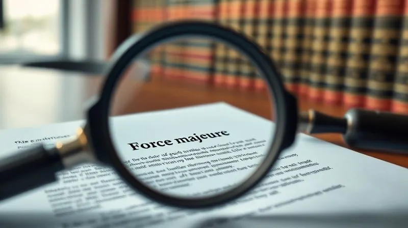 Photorealistic, professional photography, 8K, cinematic lighting, sharp focus, depth of field, shot on a high-end DSLR. A close-up of a legal contract document, with a section on 'Force Majeure' or 'Sanctions Clause' highlighted, under a magnifying glass. The background is a blurred legal office setting with shelves of law books, conveying meticulous legal review. Photorealistic, professional photography, 8K, cinematic lighting, sharp focus, depth of field, shot on a high-end DSLR. A close-up of a legal contract document, with a section on 'Force Majeure' or 'Sanctions Clause' highlighted, under a magnifying glass. The background is a blurred legal office setting with shelves of law books, conveying meticulous legal review.
